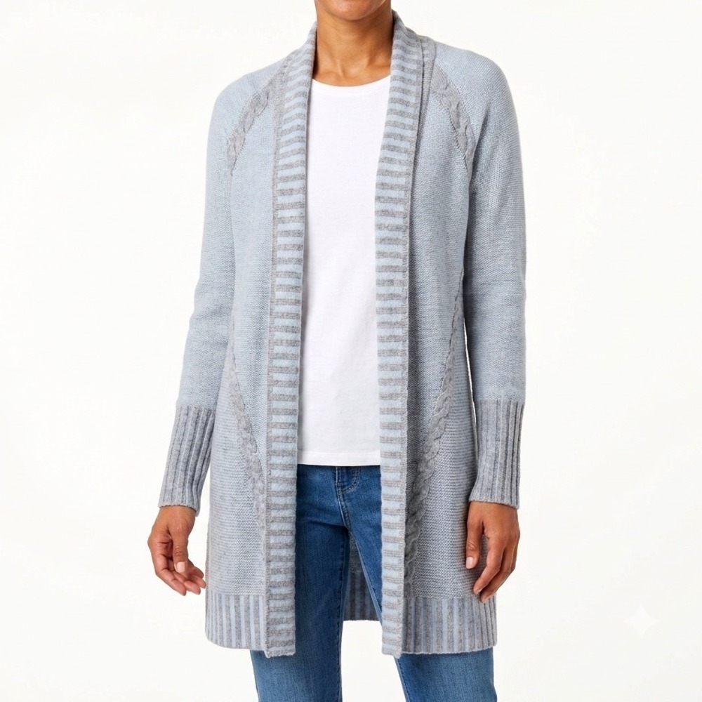 Kinross Cashmere Cardigan Sweater Blue Gray Cable Knit Open Front size Small